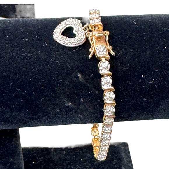 Vintage Sterling Silver Vermeil and Diamond Chip Tennis Bracelet Heart Charm 7" - Picture 2 of 8